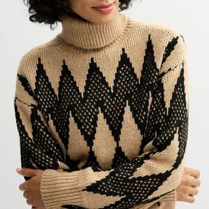 Catherine Malandrino Black and Tan Patterned Turtleneck Sweater / Size L
